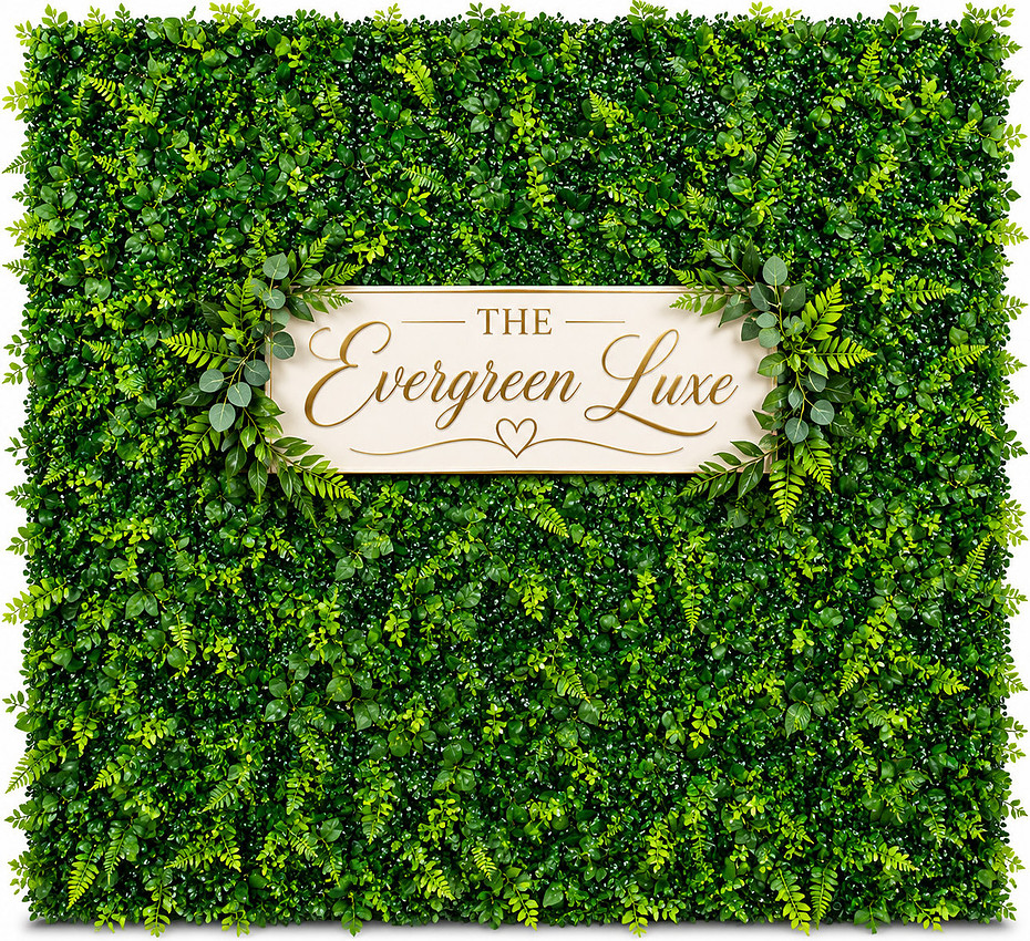 Evergreen Luxe greenery wall with layers of bright and deep green leaves and fern fronds