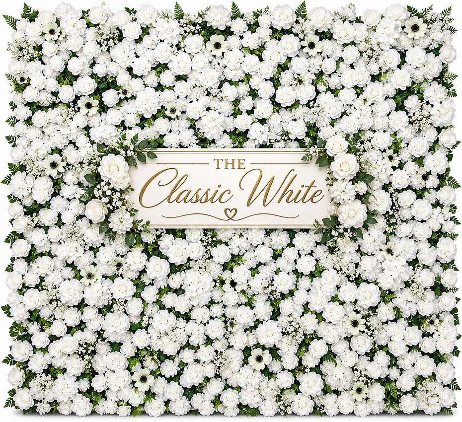 Classic White flower wall filled with white roses and blossoms with touches of greenery