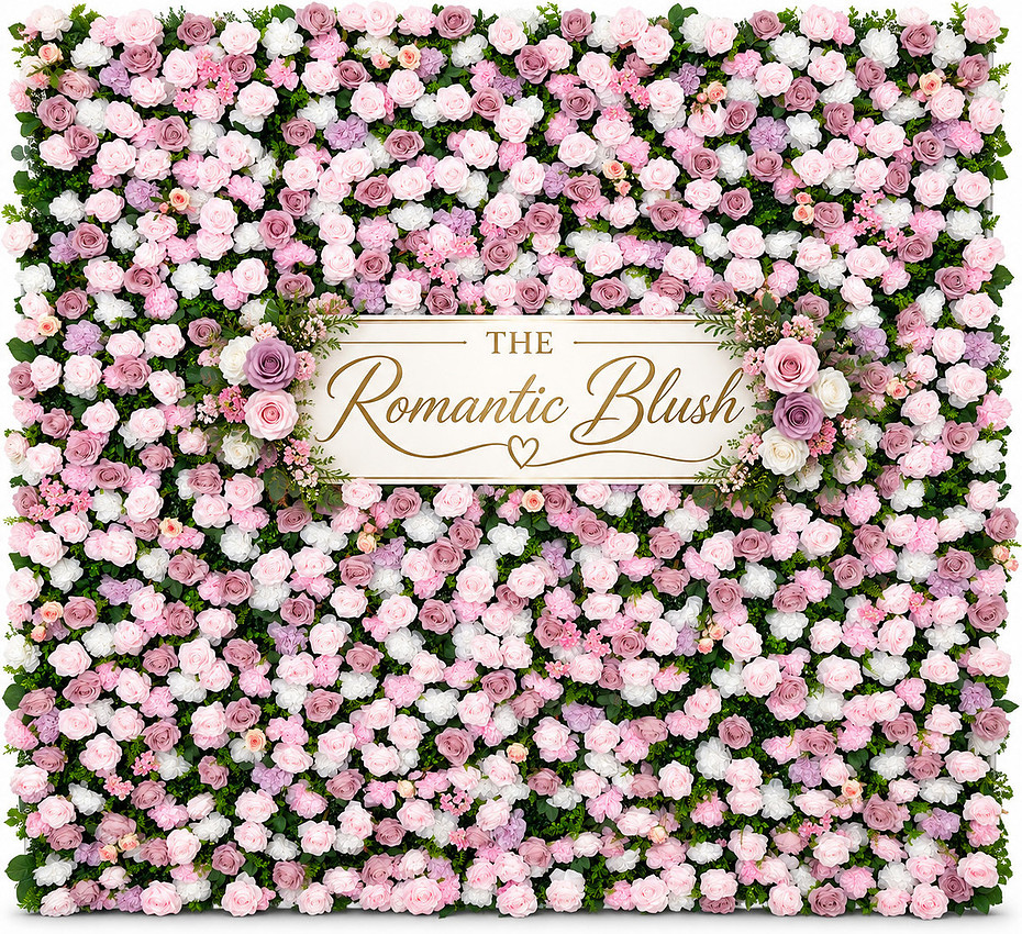 Romantic Blush flower wall with blush pink, mauve and white roses among green leaves