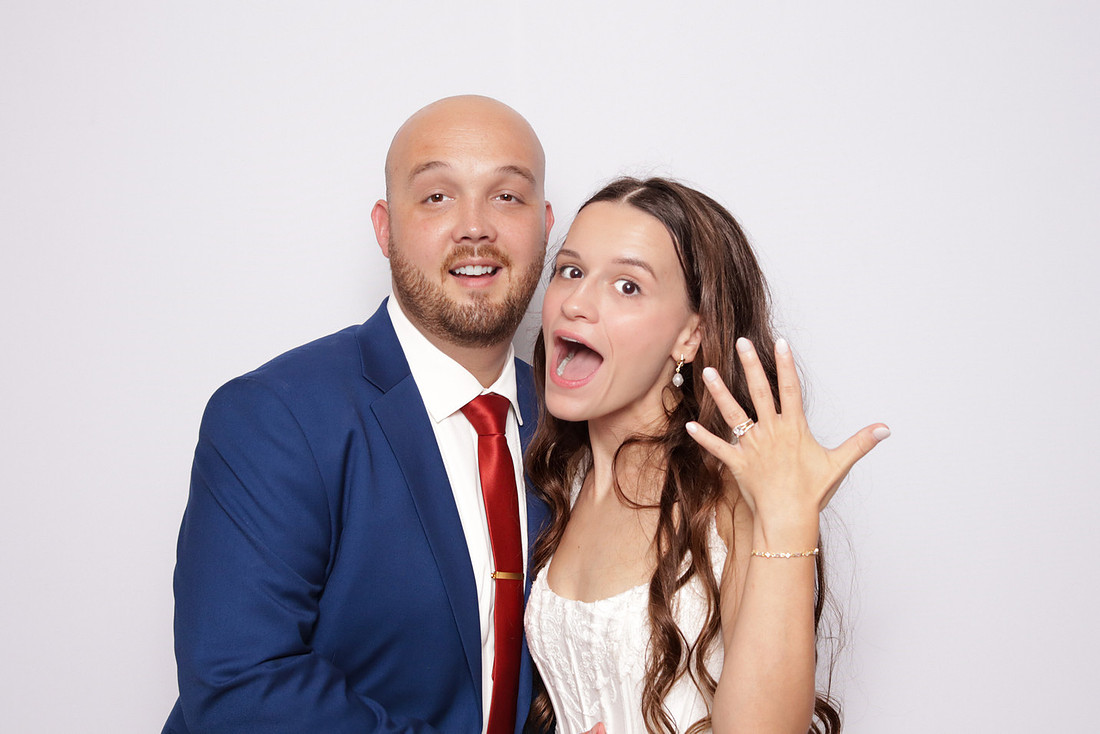 Wedding couple posing playfully, with a ring held up to the camera