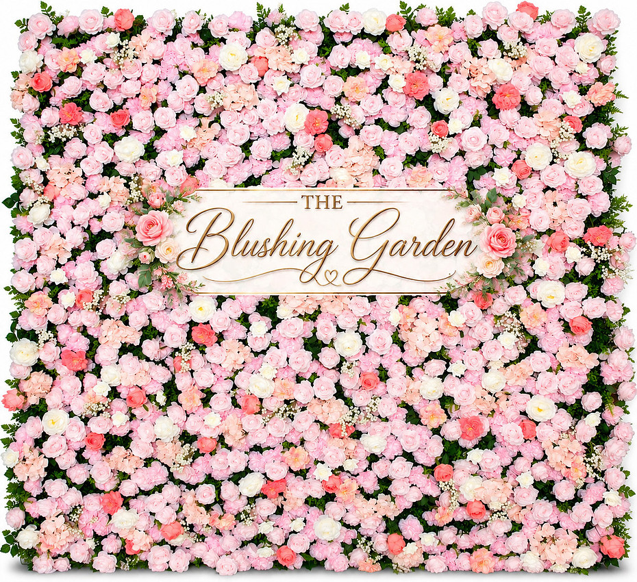 Blushing Garden flower wall with pink, coral and cream blooms among green leaves