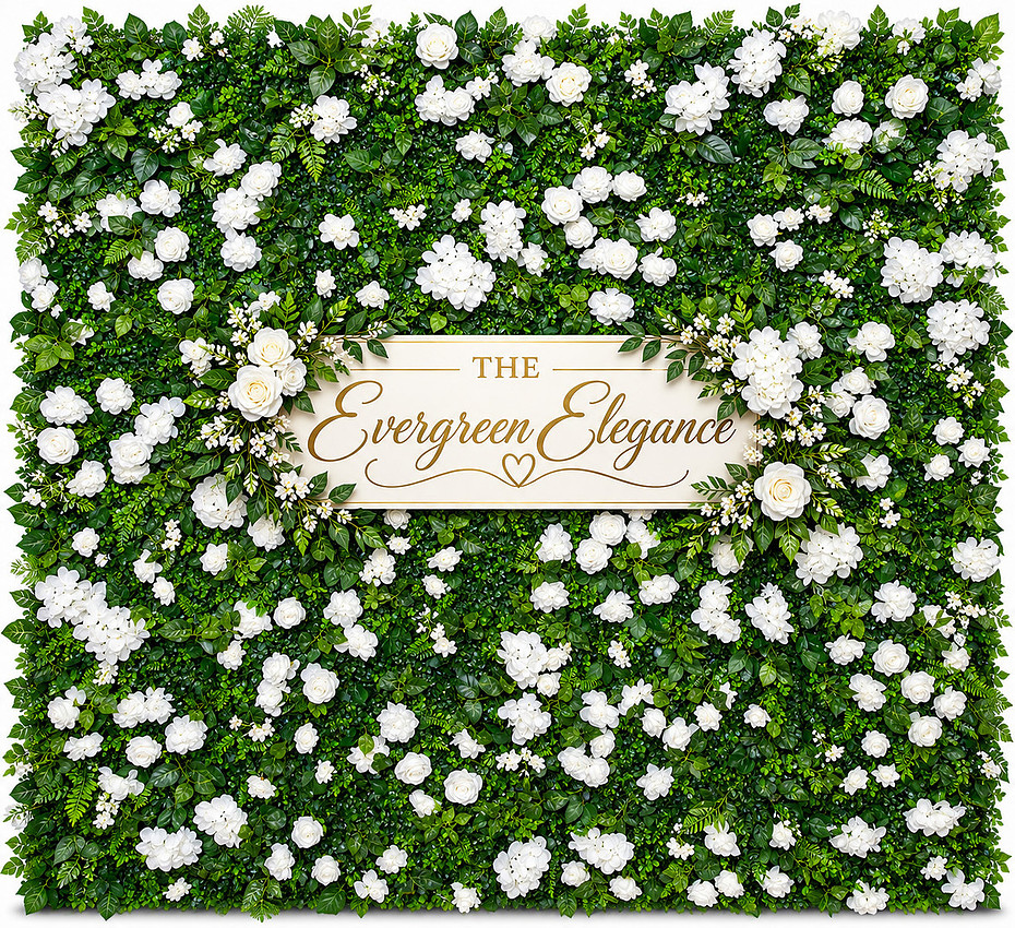 Evergreen Elegance backdrop with white flowers scattered across lush green foliage