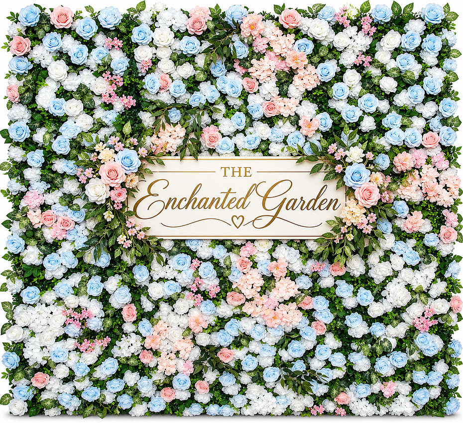 Enchanted Garden flower wall with pastel blue, pink and white flowers against green foliage